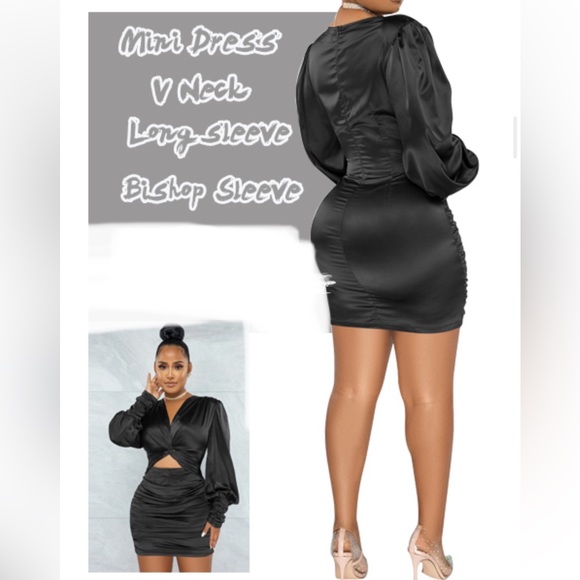 Simplee Plus Black Satin Deep V-neck Twist Front Mini Bodycon Dress 2XL - Picture 3 of 12